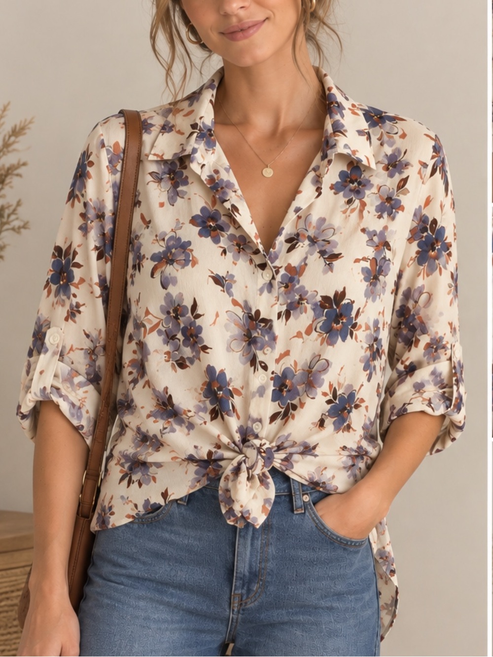 Made in Italy Floral Short Sleeve Button Up Women’s Top Cream Blue